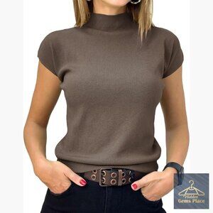 Mock Neck Short Sleeve Sweater Slim Fit Pullover Summer Knit Top